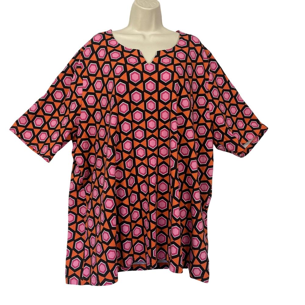 Ulla Popken Tunic Top Womens 28/30 Orange Pink Geometric V‎ Neck Boxy Artsy Plus
